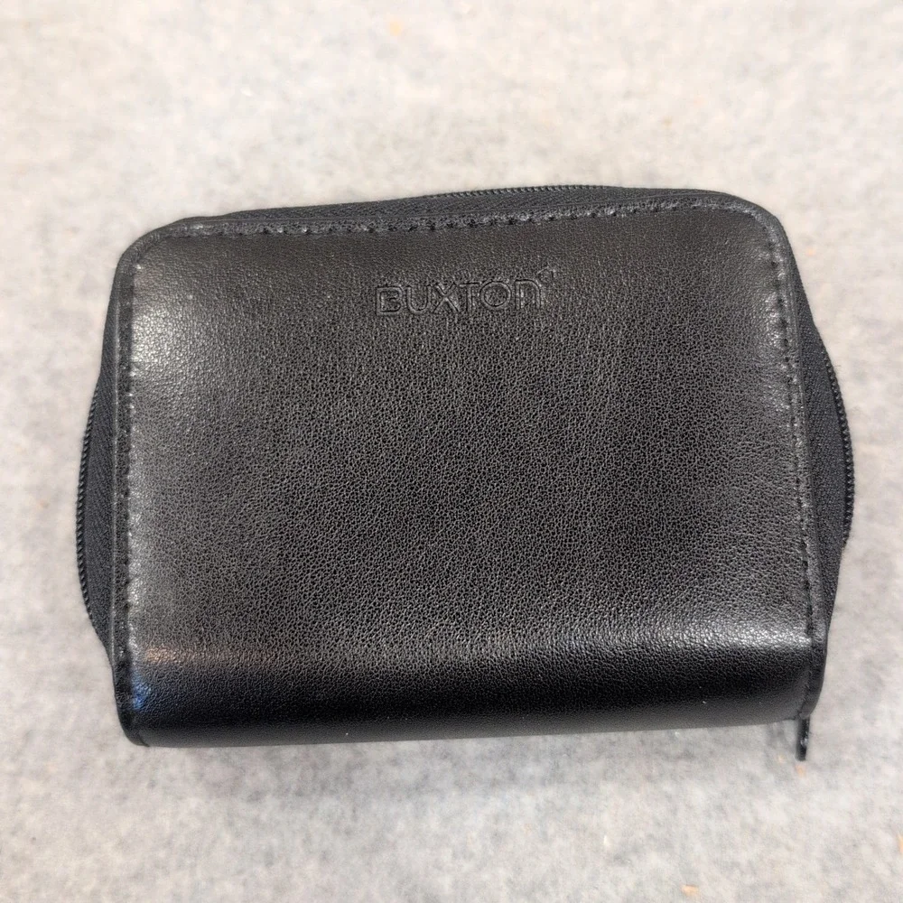 Buxton Double Zip Genuine Leather Accordion Card Wallet Black ID Window Pocket - Picture 2 of 6